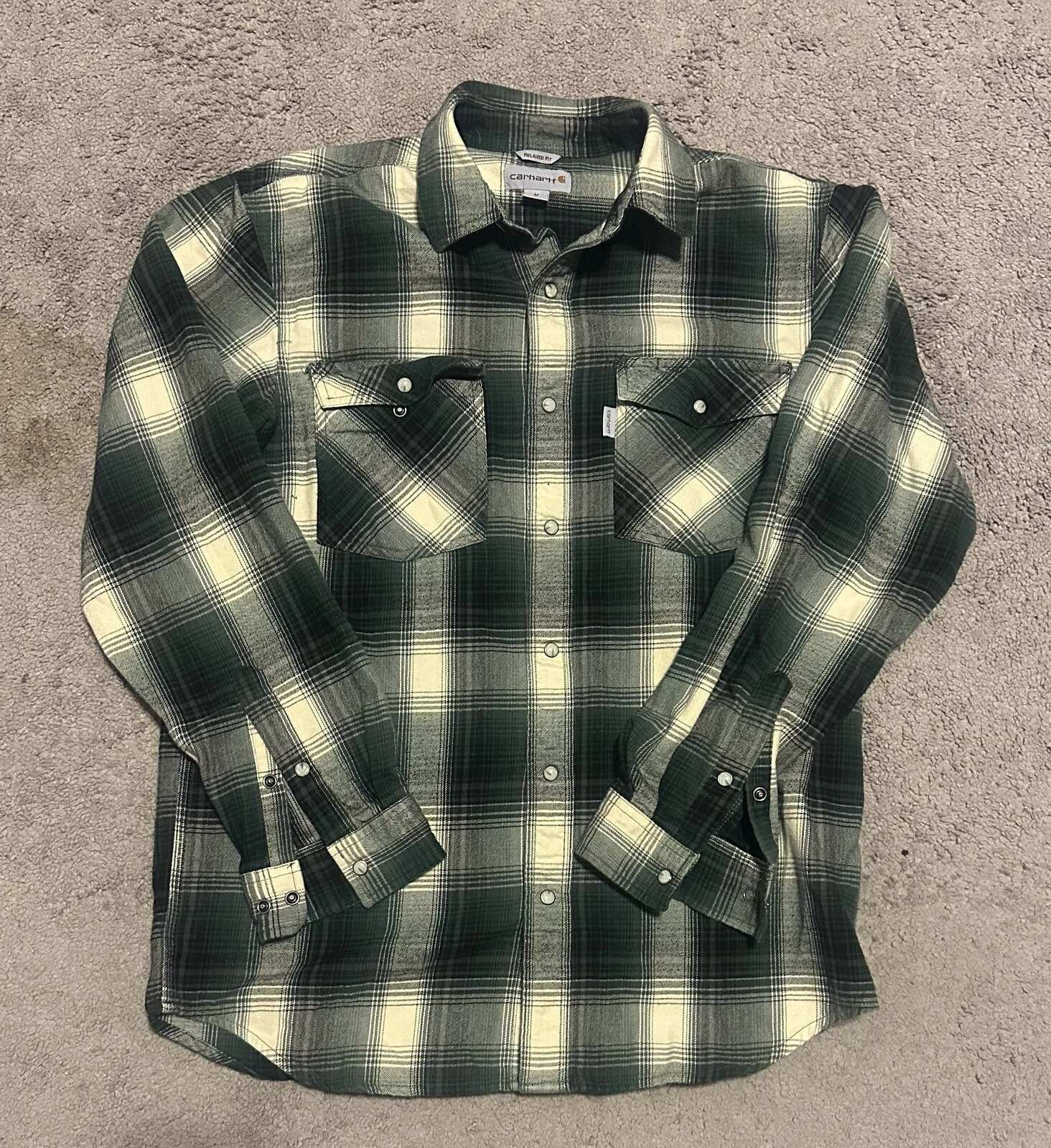 Carhartt Mens Relaxed Fit Plaid Flannel Shirt. Pearl Snap Buttons.