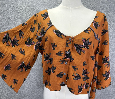 Oh Boy Womens Large Brown Bird Print Cropped Top Bell Sleeve Boho Festival