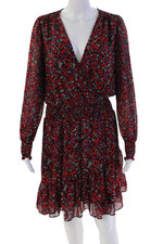 Michael Michael Kors Womens Floral Long Sleeve V-Neck Mini Dress Red Size M