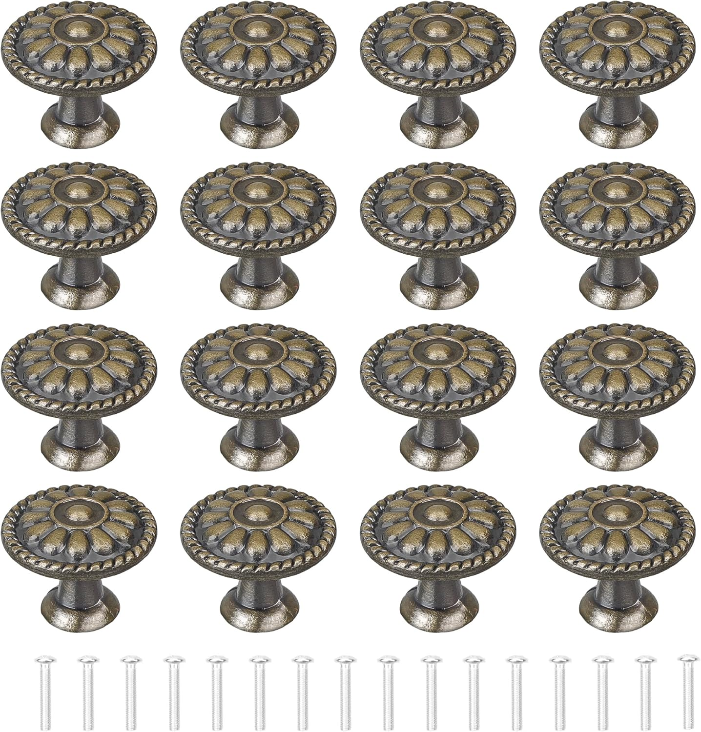 16Pcs Antique Bronze 30mm Round Cupboard Drawer Knobs Flower Pattern Handles Set
