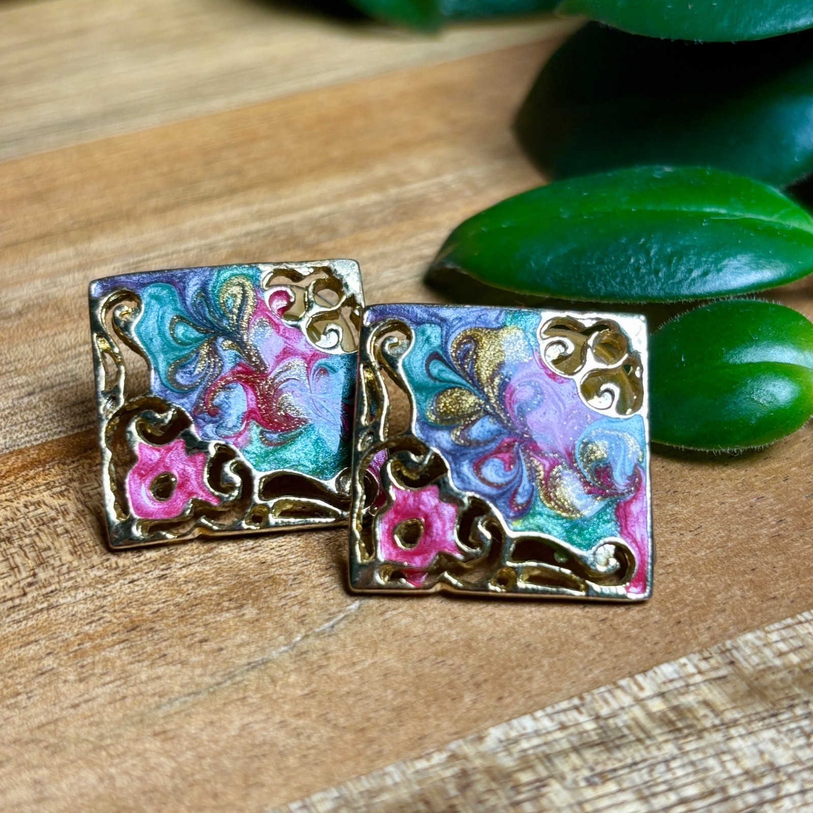 Vintage Enamel Square Stud Statement Earrings Col… - image 8