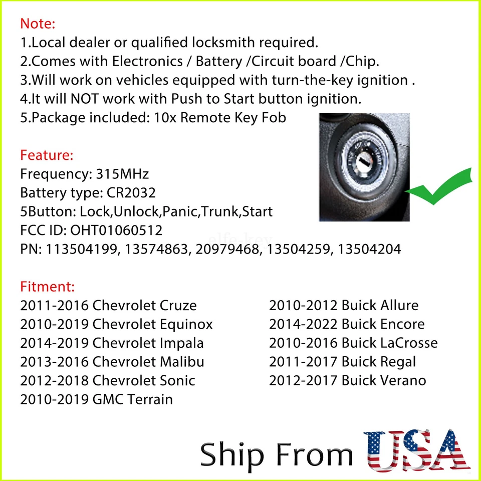 10 брелоков для автомобиля повышенной проходимости Buick LaCrosse GMC 2010 2011 2012 2013 2014 2015 2016 годов выпуска - Изображение 2 из 4