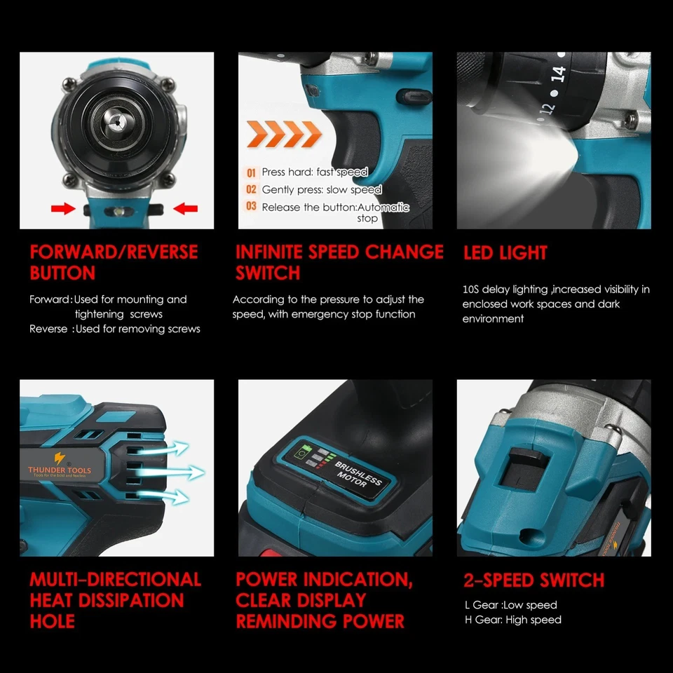 Brushless Compact Electric Screwdriver Hand Drill Impact Drill fit for Makita 18 - Bild 2 von 4