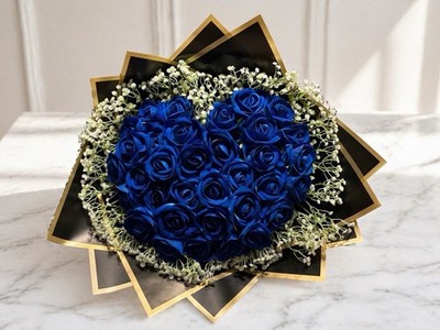 Artificial Blue Rose & Baby's Breath Flower Bouquet, Black/Gold Wrapping