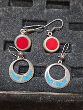 VTG 925 STERLING MEXICO  AZTEC INSPIRED INLAY TURQUOISE & Red Stone Sets EARRING