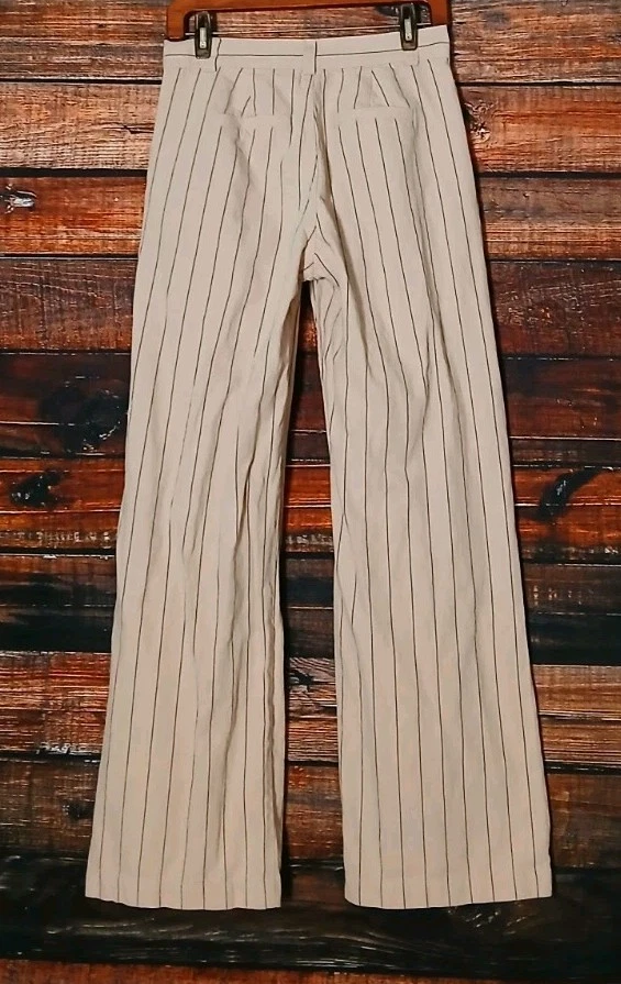 Pantalones de algodón talla 4 pierna ancha tiro alto mezcla de algodón lino tostado a rayas plisado Foto 4 de 4