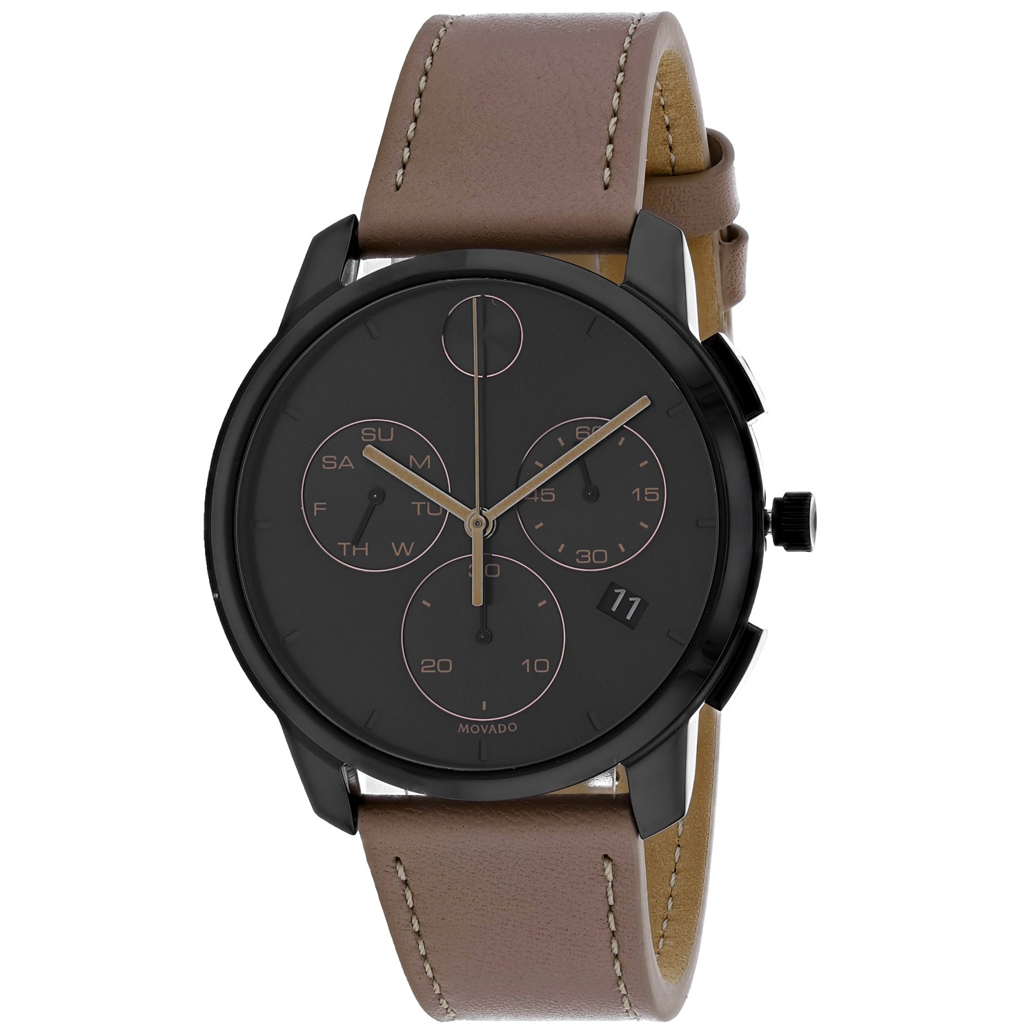 Movado Bold Mens Black Dial Leather Strap Watch 3600719