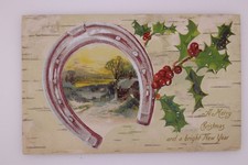 1908 Christmas Horseshoe Holly Embossed Postcard Liberty IN Germany