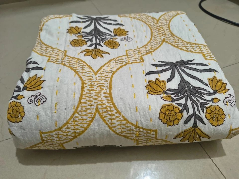Cotton Kantha Quilt Hand Block Indian Blanket Bedspread Throw Floral Twin Size - Image 2 of 4