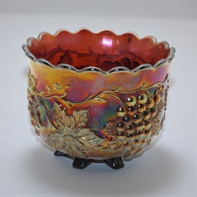 Dugan Marigold Carnival Glass Grape Delight Six Footed Nut Bowl Ferner 5.5''