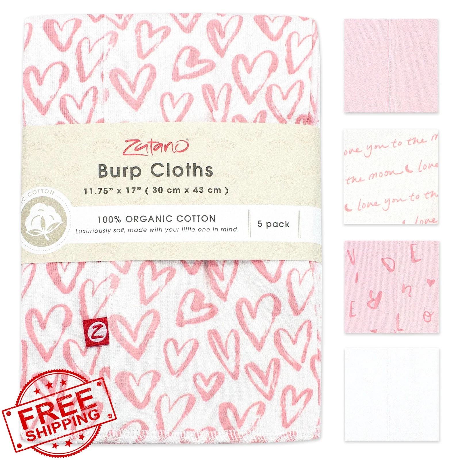 Zutano Organic Burp Cloths Baby Cotton Pink Hearts 5pk