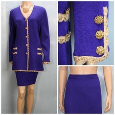 St. John Evening Royal Purple Jacket Skirt L 10 12 2pc Suit Gold Buttons Trim