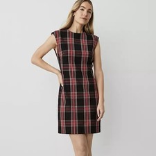 NWT Ann Taylor Petite Plaid Shift Dress Size 8P Red Black High Neck Workwear