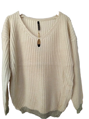 Pullover Damen Trendy  mit Lurexrändern Strick Beige Einheitsgröße ( 34-36-38)