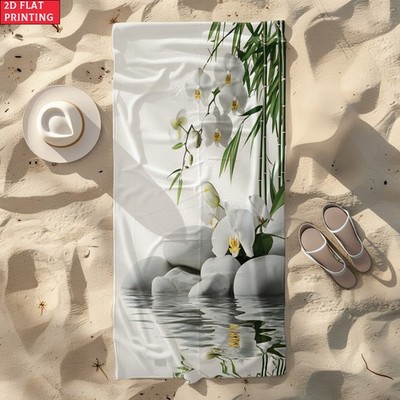 2d Flat 1pc White Orchid and Stone Beach Towel - Soft, Ultra-Absorbent Microfi