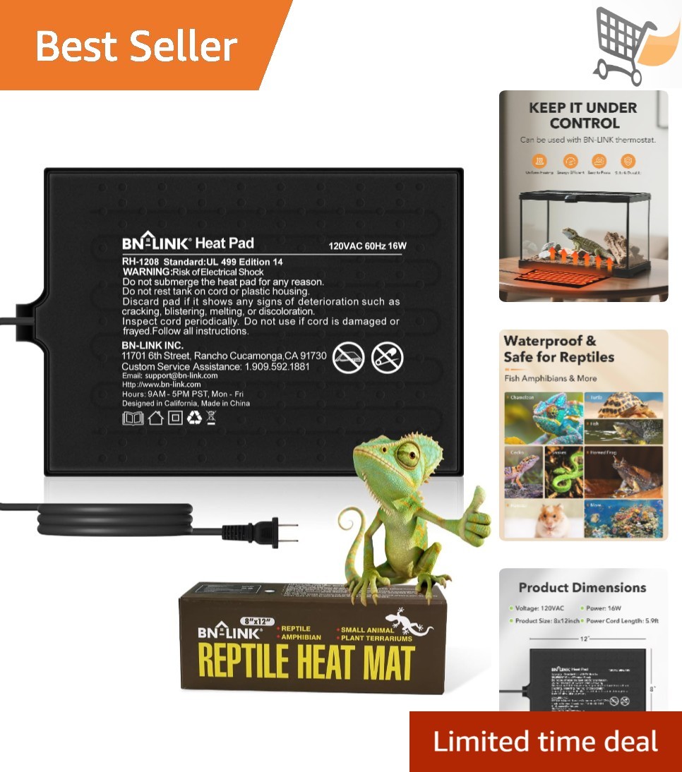Reptile Heat Pad Waterproof 8x12in 16W for Terrarium Heating