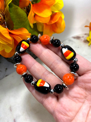 Halloween Bracelet Orange Candy Corn Beaded Stretch Bracelet for Women Teen
