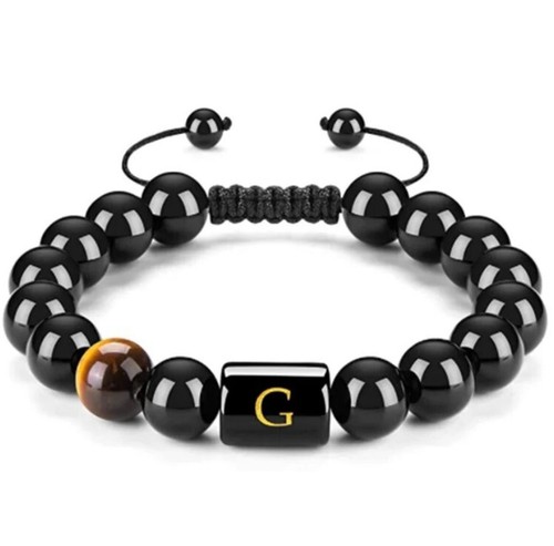 Letter Natural Stone Bracelets 10mm Black Onyx Tiger Eye Beads Bracelet - Picture 10 of 29