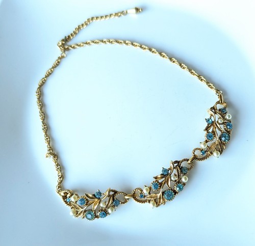 Vintage Gold Tone Light Blue Rhinestone faux Pearl Choker Adjustable Necklace - Picture 20 of 23