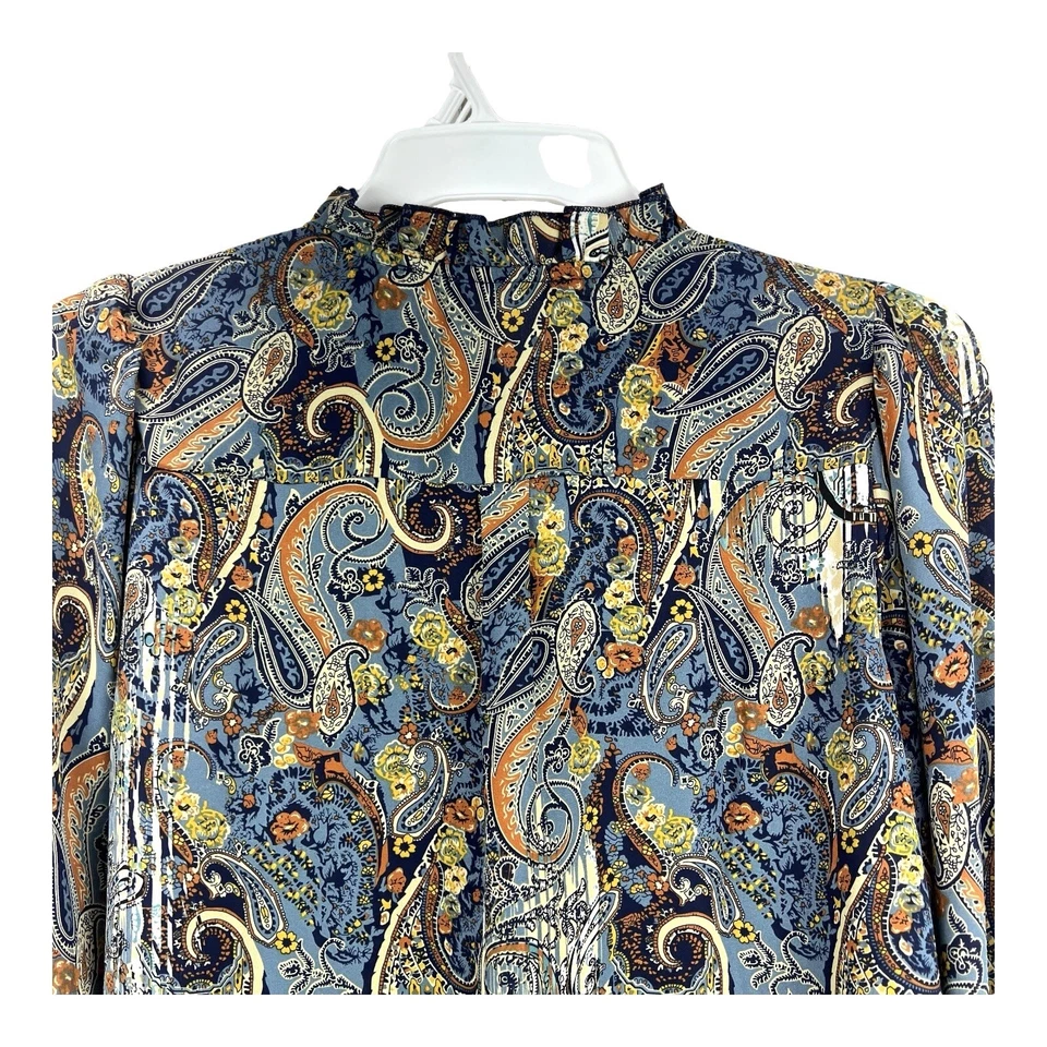 Sunny Leigh Blue Print Peasant Top Sz LARGE Tie Neck Ruffle Collar Puff Sleeves - Image 4 of 4