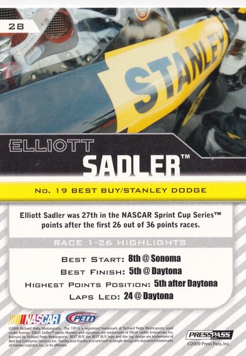 Elliott Sadler Signed 2010 Press Pass NASCAR Card #28 Autograph #19 Car Stanley - Picture 4 of 12