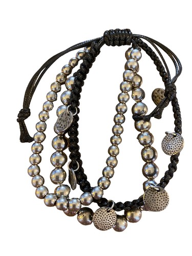 4 Bracelets 3 Pull Strings Silver and Black 1 Multi-Strand Gray & Purple Leather - Picture 2 of 5