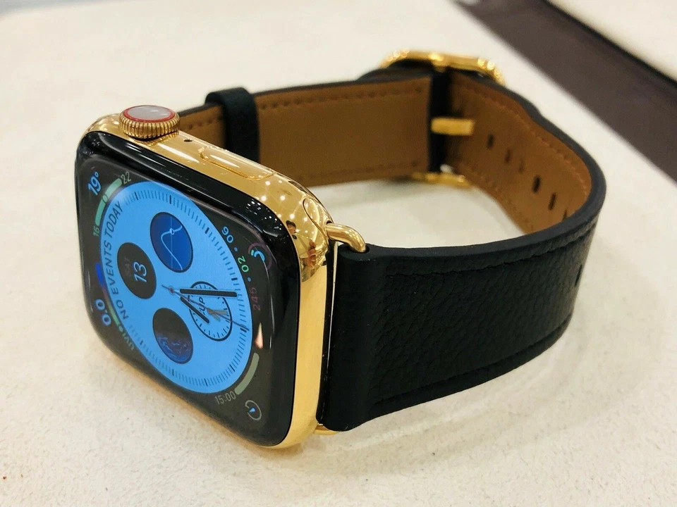 24K Gold Plated 44MM Apple Watch SERIES 5 Stainless Steel Black Leather GPS LTE - Image 2 of 4