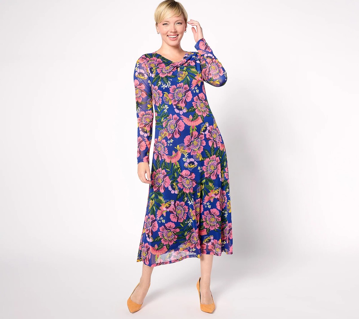 Destination 365 Mesh Midi Dress w/Twisted Neck Detail-Royal Blue/Flrl-3X  A629636 | eBay