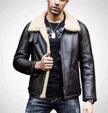 Men's RAF Aviator Bomber B3 Flying Sheepskin Shearling Fur Real Leather Jacket