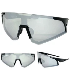 OVERSIZE SPORTS WRAP Biker Cycling Shield SUNGLASSES Big Black Frame Chrome Lens