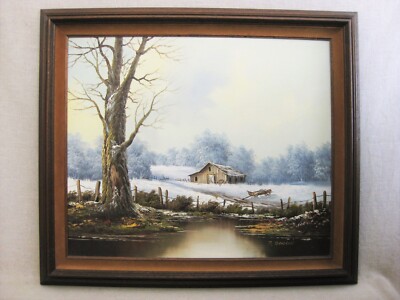 Large Winter Landscape Painting Framed Original Vintage Wall Art Signed