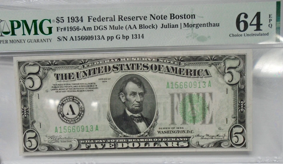 $5 1934 fr 1956-Am DGS Mule AA Block Boston PMG 64 LIGHT GREEN SEAL Rare Note - Image 2 of 4