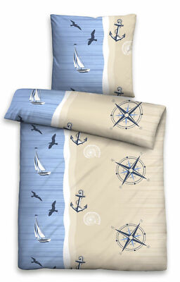 Bettwäsche 135x200 cm Baumwolle Seersucker 4tlg bügelfrei maritim blau beige