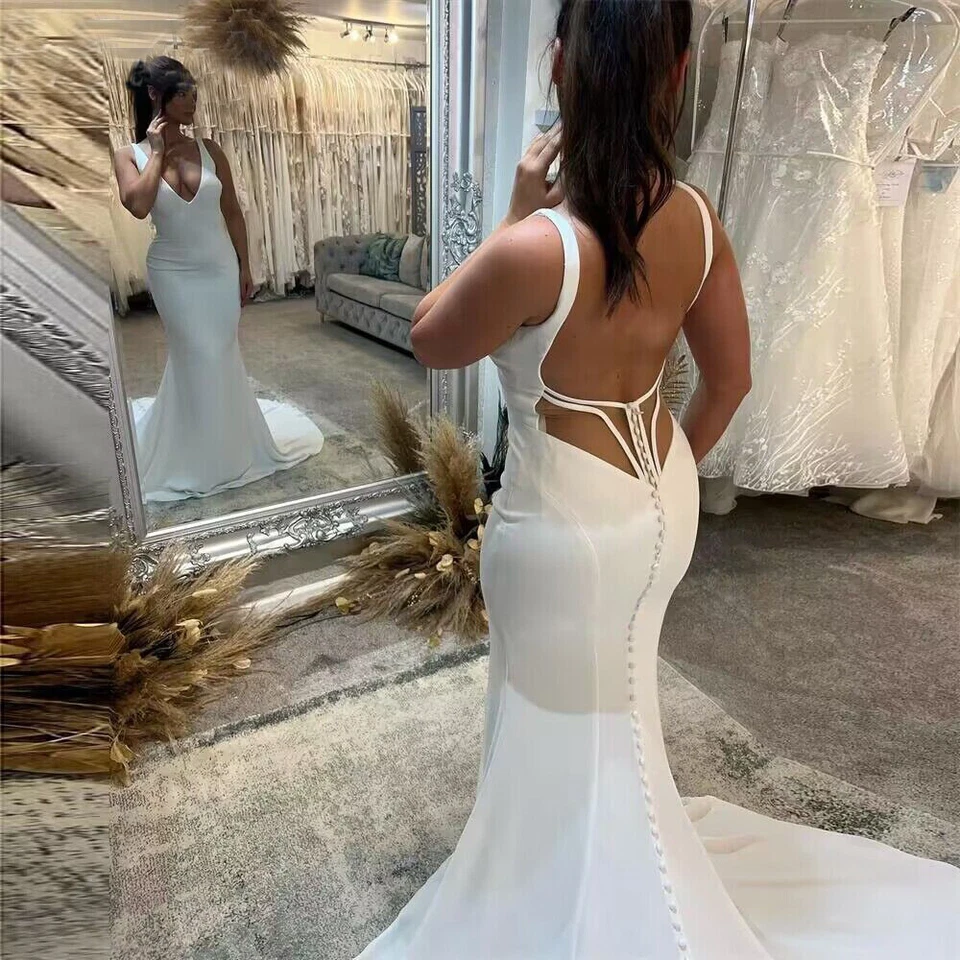 Sexy Mermaid Wedding Dress Deep V Neck Backless Sweep Train Satin Bridal Gown - Image 4 of 4