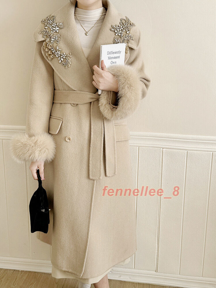Womens Real Fox Fur Sleeve Cashmere Jacket Bead Embroidery Long