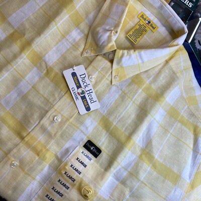 VTG DUCK HEAD LINEN YELLOW PLAID XL BUTTON DOWN SS SHIRT EASTER