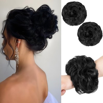 2PCS Messy Bun Hair Piece Wavy Curly Thick Updo Hairpiece Synthetic Chignon H...