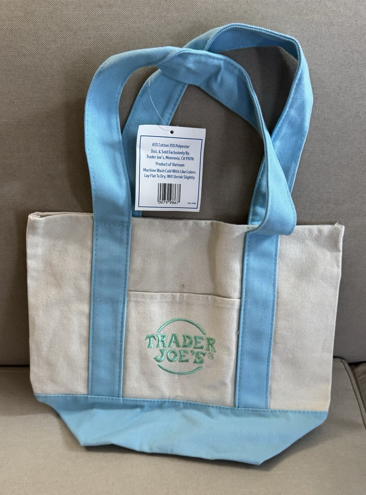 New Trader Joe's Mini Canvas Tote Bag Pastel Blue - Limited Edition