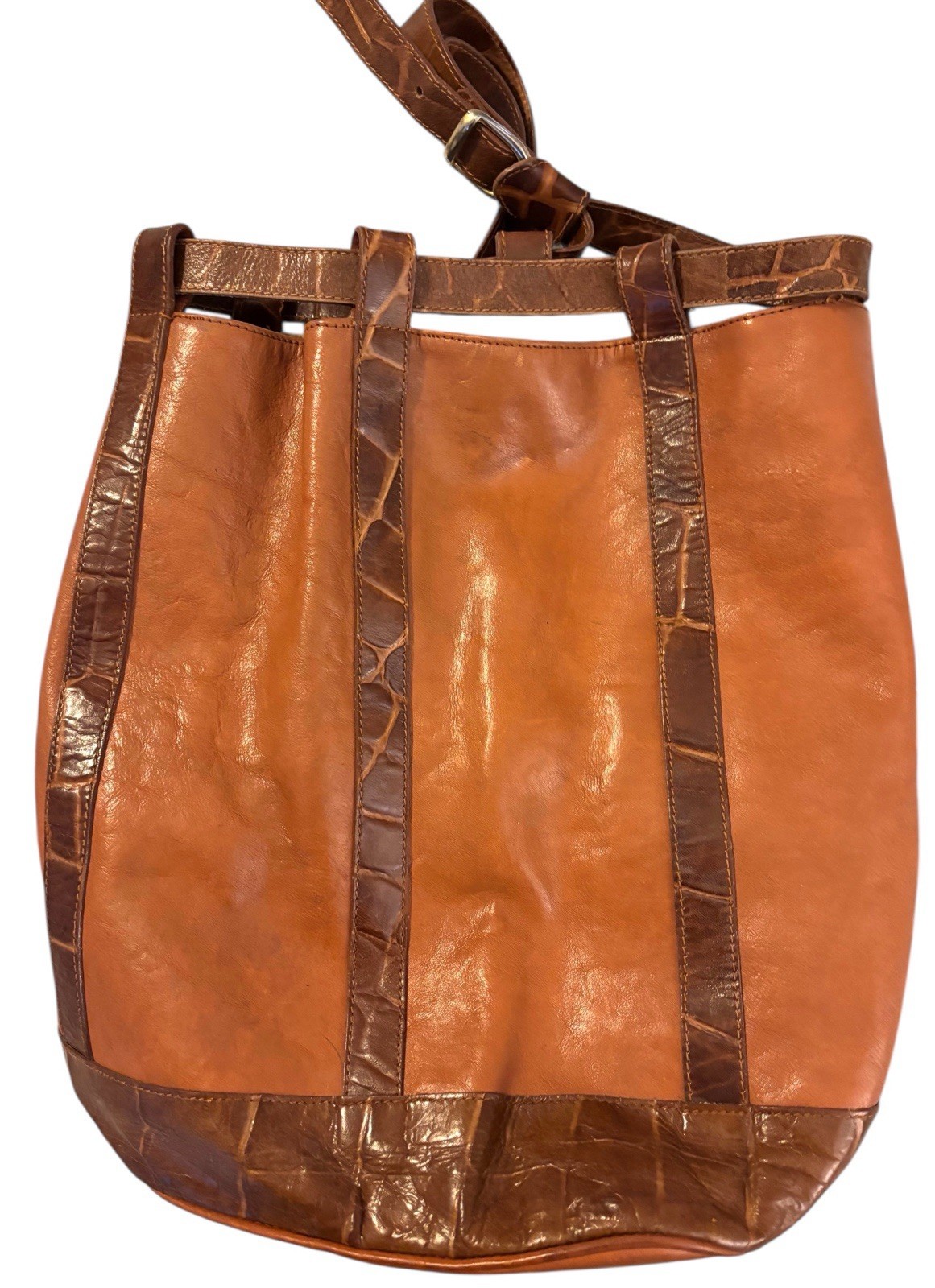 LEATHER DRAWSTRING BUCKET BAG/BACKPACK, COGNAC W/… - image 1
