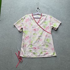 Disney Women Scrub Top S Pink Floral Tinker Bell Mock Wrap Whimsical Logo Short