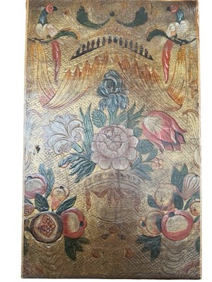 Extremely Rare 18th Century Spanish Painted Leather Panel with Gilt Decoration