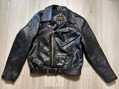 Vintage 80s Punk Ramones Style Belted Moto Biker Nylon Jacket Black Men s Large