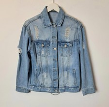 Oversized Denim Jacket S Light Wash Distressed Ripped Chain Detail Open Back