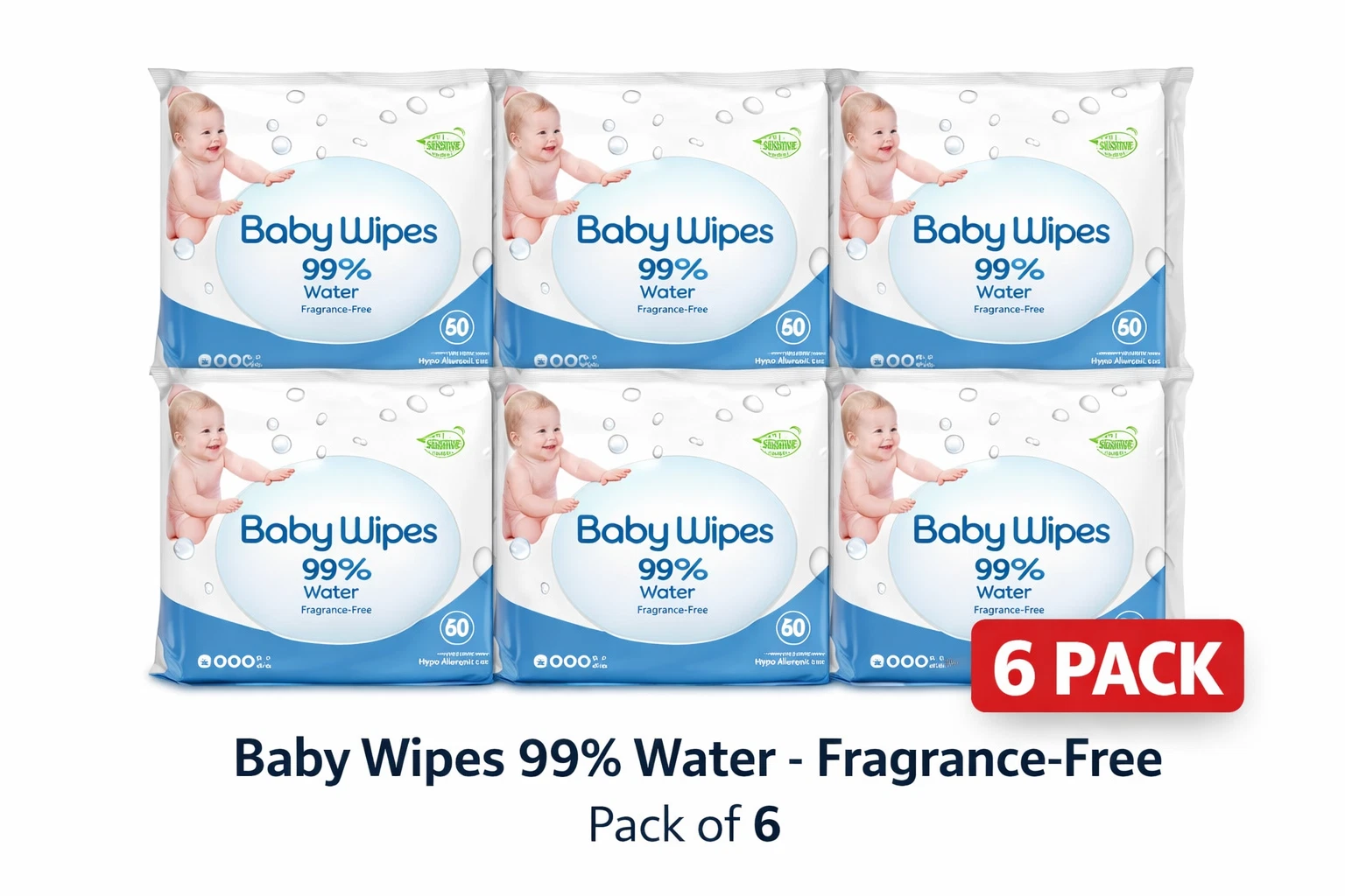 Baby Wipes 99% Water Fragrance Free Sensitive Skin 60 Wipes Each Pack (Pack of 6