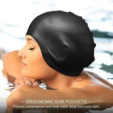 Silicone Swimming Cap with Ear Pockets for Long Hair Adults Waterproof Black