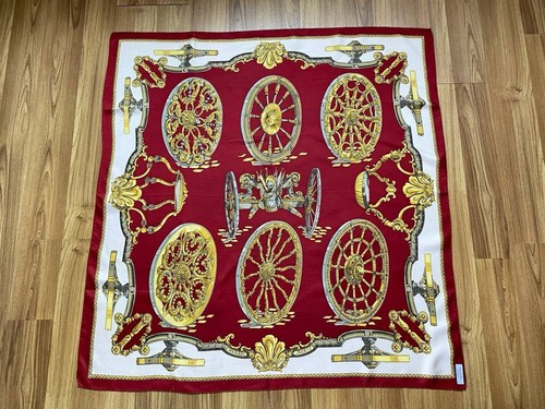 HERMES Paris Caty Latham Roues de Canon Silk Scarf Authentic Red