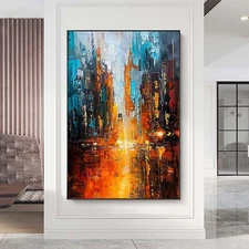 Hand Painted Oil Painting On Canvas 3D Abstract City Colorful Modern Blue