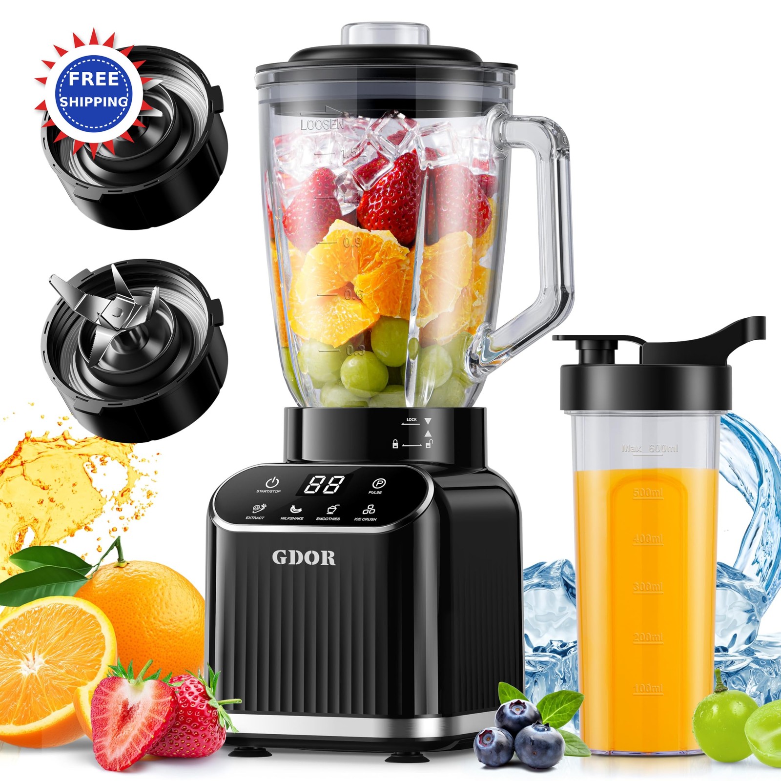 Blender 52 Oz 24 Glass Jar & To Go Cup Combo GDOR 1200W Prof