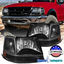 For 1998-2000 Ford Ranger Black Headlights+Parking Corner Lamps Left+Right Pair