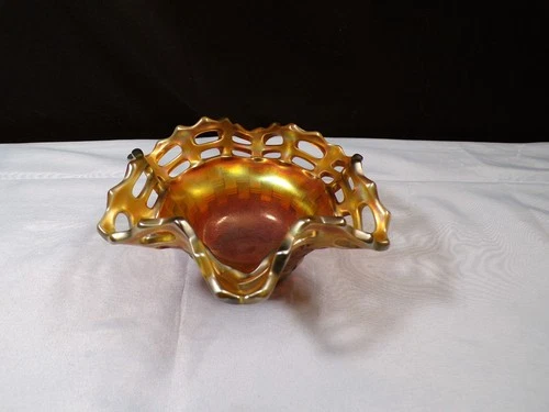 Vintage Fenton Marigold Carnival Glass Basketweave Bowl w/ Powder Blue Base